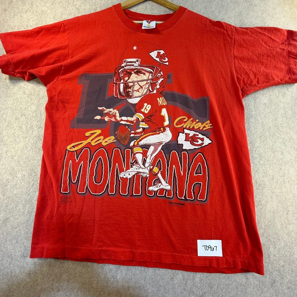 Vintage 1993 Joe Montana Kansas City Chiefs T-Shirt Artex Caricature Red XL NFL
